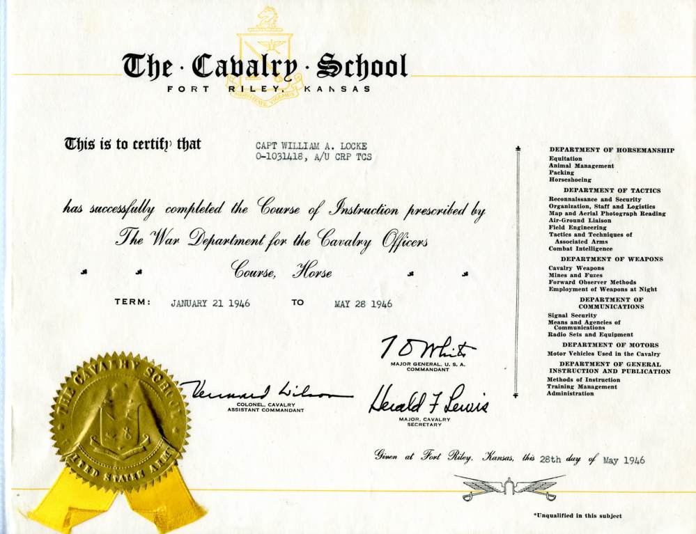 1946 Cavalry School certificate.JPG